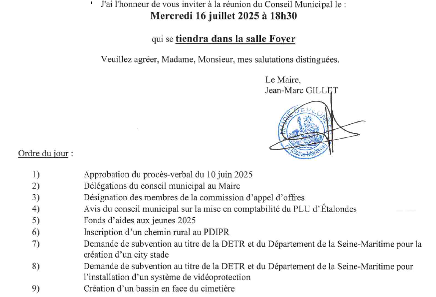 Convovation Conseil Municipal du 16 juillet.