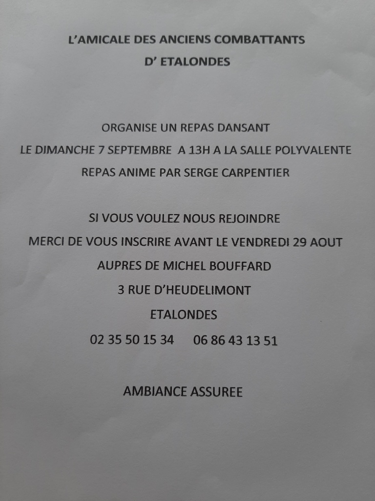 Repas festif le 7 septembre à Etalondes avec l'Amicale des Anciens Combattants.