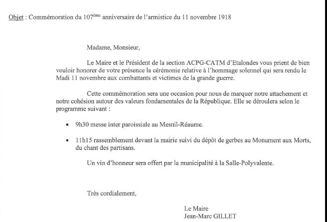 Commémoration du 11 novembre à Etalondes.