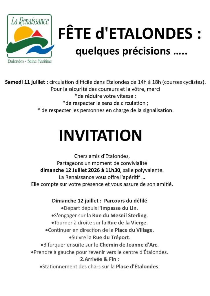 Consignes de sécurité et information pour la fête du village organisée par la Renaissance.