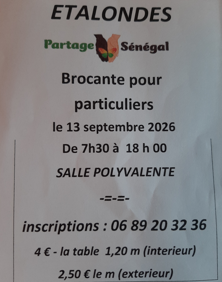 Brocante de l'association Partage Sénégal le 13 septembre.